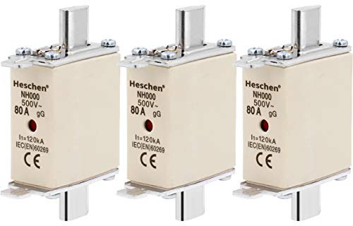 Heschen NH Sicherungseinsatz NH000 80A gG Frontanzeige Kombimelder, 3 Stück