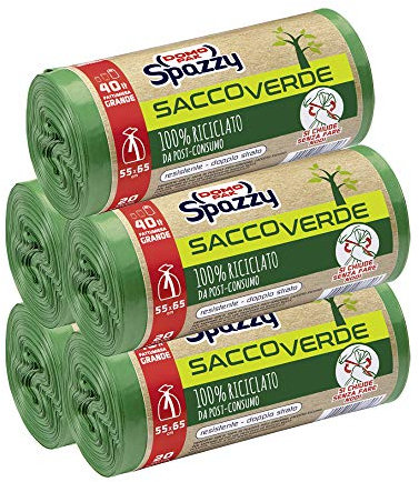 Domopak Spazzy - Sacs poubelle, système enroule & ferme, 100% recyclés par post-consommation, domestique 40 L, vert, 5 paquets de 20 pièces, 1350 g