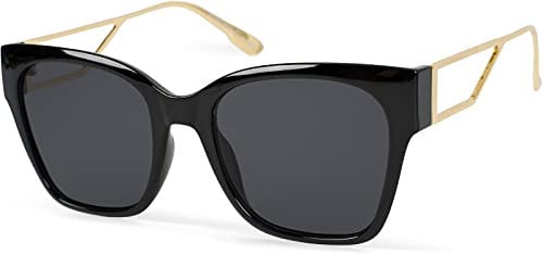 styleBREAKER Damen Oversize Sonnenbrille mit breiten Metall Bügeln, Polycarbonat Gläsern und Kunststoff Gestell 09020128, Farbe:Gestell Schwarz-Gold/Glas Grau getönt