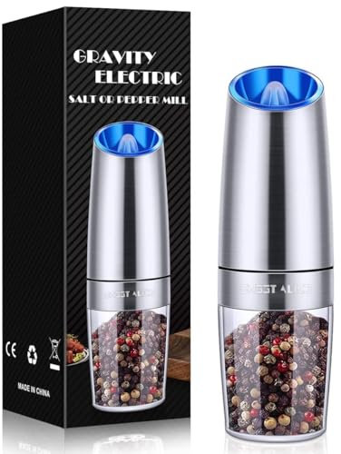 Gravity Electric Pepper/Salt Grinder, Salt and Pepper Mill & Adjustable Coarseness, Battery Powered with LED Light, One Hand Automatic Operation, Stainless Steel (Single/Silver)