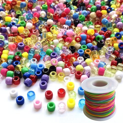 Lnvision Pony Perlen 1000 Stück 6x8mm Gemischte Farben Glitzer Transparent Großes Loch Acryl Perlen und 50 Meter Farblinie Für Schmuck