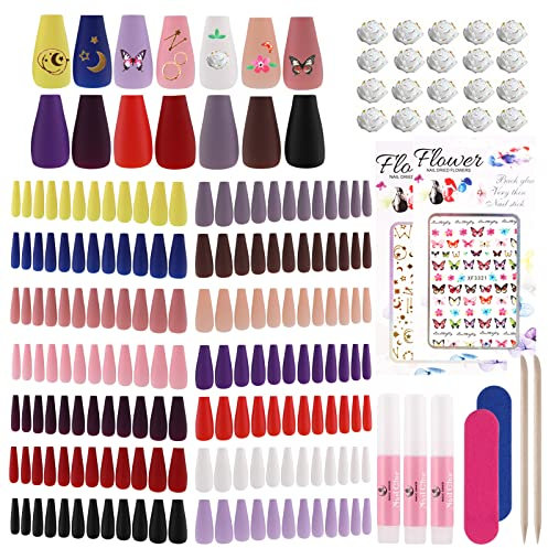 Lot de 160 faux ongles ballerine - Pure couleur mate cercueil - Avec colle à ongles (1 bouteille) - Full Cover Matte - Faux ongles en gel (8 couleurs) - Pour l’art de l’ongle