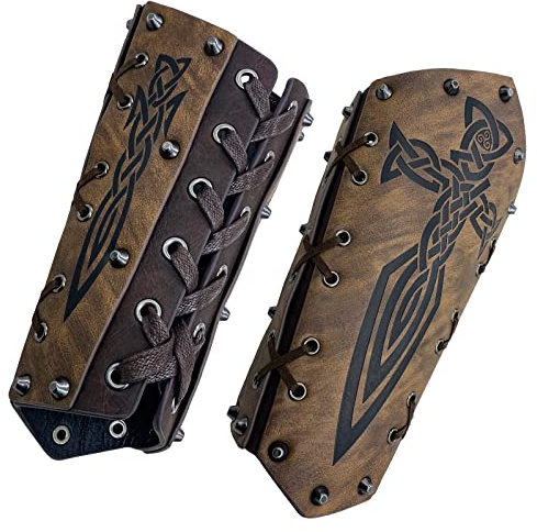 HiiFeuer Mittelalterliche Geprägte Armschienen, Retro Armschützer Aus Kunstleder, Vintage Armschützer Für LARP, Ren Faire (Braun B)