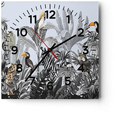 Modern Wanduhr Dschungel Tiere Tukane 40x40cm Quadrat Groß Wand Uhr Glas Analog Zimmeruhren Küche Büro Wohnzimmer Glasuhr Wall Clock Dekoration Design Wanddekoration Küchenuhr C4AC40x40-4662
