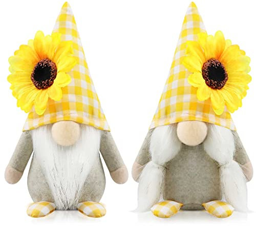 Godeufe 2er Set Frühling Wichtel Figuren Sonnenblume Dekoration Handgemachte Skandinavisches Tomte für Party Bauernhaus Home Tischdekoration