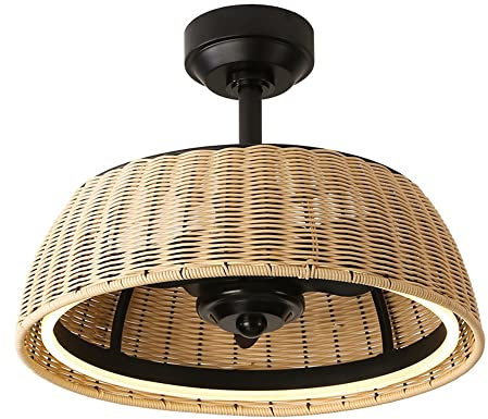 Ventilador de Techo con Luz Lámpara LED Ventilador Invisible Ventilador Iluminación Ventilador-plafon tejida de Ratán dimable Ventilador De Luz De Techo (Ø50 cm/19.7 in 22W)