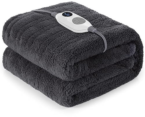 Warmrest Electric Blanket Heated Throw Blanket 𝟏𝟑𝟎𝐱𝟏𝟔𝟎 𝐜𝐦, Soft 𝐒𝐡𝐞𝐫𝐩𝐚 - 6 Heat Levels Fast Heating, 1 to 10 Hours Auto-Off Detachable Controller Soft Fabric Machine Washable Grey