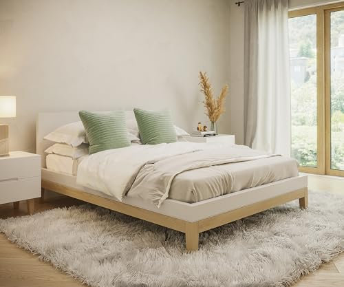 skølm Freyr Bett 140x200 cm, Holzbett weiß/Natur Scandi Style, Doppelbett aus Birke, Bettgestell mit Kopfteil, Maße: H 83 x B 146 x T 206 cm