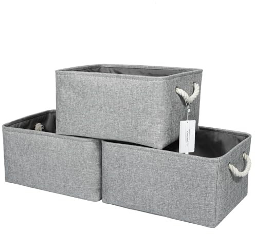 CREADARD Small Storage Box with Cotton Handles, Fabric Foldable Linen Canvas Wardrobe Storage Baskets for Living Room, Laundry Room, Kids Room and Bedroom (Grey 3pcs)