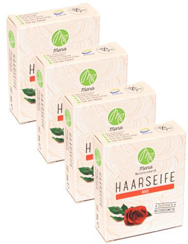Mara Naturkosmetik - Feste Haarseife Rose – Pflegende Wellness Reinigung ohne Palmöl für Frauen und Männer – Naturseife - Nachhaltig, vegan, bio, umweltfreundlich, handgemacht und zertifiziert 4x90g