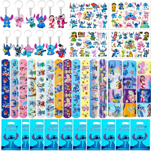 38 Pcs Party Bag Fillers for Kids, Lilo Birthday Decorations 12 Pcs Keychains 12 Pcs Slap Bands 4 Pcs Tattoos Stickers 10 Party Bags Theme Birthday Decorations Gifts for Boys Girls Adults Blue