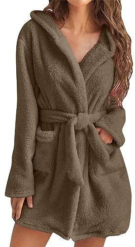 MJGkhiy Accappatoio Donna Corto Con Cappuccio Calda Vestaglia Invernale Pile Con Cerniera e Tasche Morbida Pigiama Kimono Vestaglia Camicia da Notte Fleece Accappatoio Felpa Abbigliamento da Notte