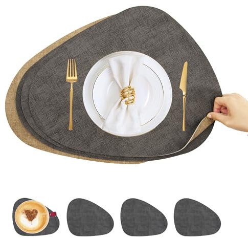 Tischsets Platzsets Abwaschbar,Platzdeckchen Abwaschbar und Unterteller,Tischset Leder,Doppelseitigen Platzset 4er Set Platzdeckchen Rund,Tischset Lederoptik Teller Untersetzer Set(Dunkelgrau Braun)