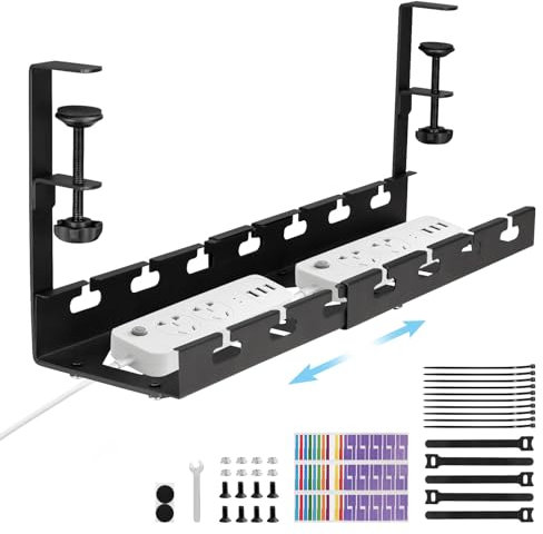 Edencomer Bandeja Organizador Cables Escritorio, Organizador De Cables Escritorio Retráctil De 11.3 '- 21.8', Cable Management Sin Taladrar, Recoge Cables Mesa Escritorio Para Oficina y Hogar, Negro