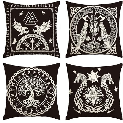 Artoid Mode Wikinger Baum des Lebens Rabe Helm der Ehrfurcht Kissenbezüge 4er Set, 50x50cm Zierkissenbezug Cushion Cover Couch Wohnzimmer Deko