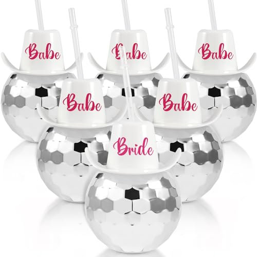 6 Set Bridesmaid Proposal Gifts, Disco Ball Cups with Straws, 20 Oz Disco Ball Tumblers Bridal Shower Gifts, Cowgirl Last Bachelorette Disco Party Decorations (White Cowgirls)