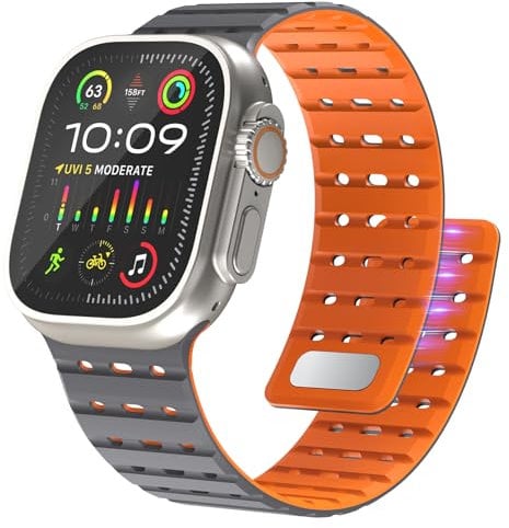 Bouixel Magnetic Strap Compatible with Apple Watch Ultra 2 Straps 49mm 46mm 45mm 44mm 42mm for Men Women, Sport Anti Sweat Breathable Wide Soft Silicone Band for iWatch Ultra Series SE 10 9 8 7 6 5 4
