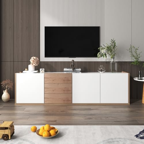 BTM Meuble TV 170 Suspendu pour Salon, Meuble de Rangement avec Multi-Espace, Table TV avec 3 tiroirs, Blanc et Bois