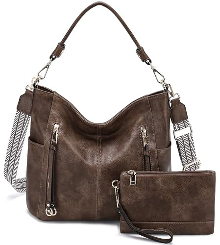 Chase Chic Handtasche Damen, Leder umhängetasche Shopper Hobo Taschen Geldbörse set Gross Schultertasche mit Abnehmbar Schulterriemen 2pcs Kaffee