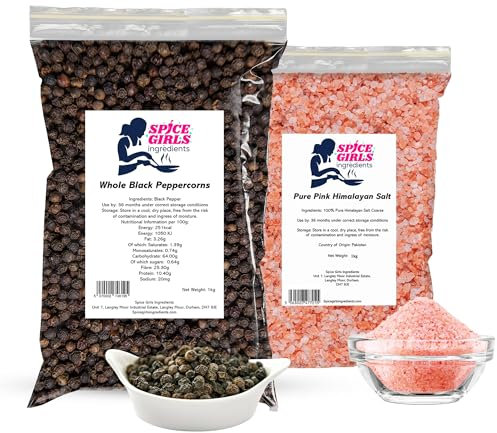 Spice Girls Ingredients Pink Himalayan Salt & Whole Black Peppercorns Bundle (1kg Each) | Premium Gourmet Cooking Seasoning Set | Natural & Pure, Coarse Salt & Peppercorns for Grinders, Cooking & BBQ