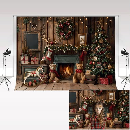 Kate Photographie Toiles de Fond 2,2x1,5m/7x5ft Cheminée de Noël Marron Chambre en Bois Jouet Ours Arbre de Noël Enfants Famille Portrait Décoration Fond Photo Studio