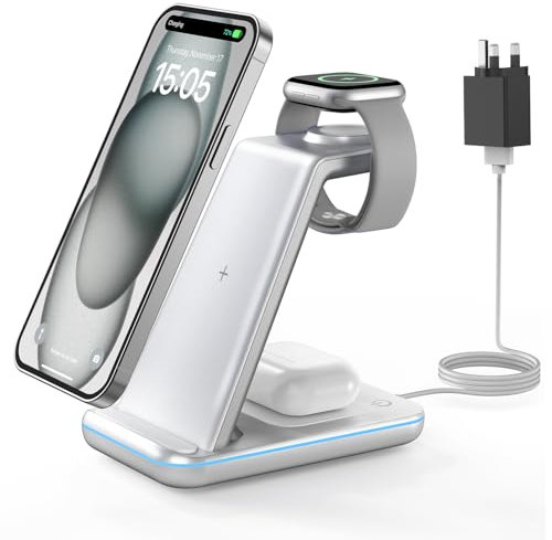 GEEKERA Wireless Charger, 3 in 1 Wireless Charging Station for iPhone 16/15/14/13/12/11/Pro Max/X/8, Phone and Watch Charger Stand for Apple Watch Ultra/10/9/8/7/6/5/4/3/2/SE, AirPods Pro/4/3/2-Silver