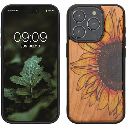 kwmobile Hülle kompatibel mit iPhone 15 Pro Hülle - Holz Case - Handy Cover - TPU Handyhülle in Gelb Dunkelbraun Hellbraun Wood Sunflower
