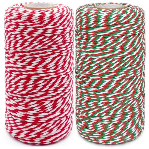 Lot de 2 rouleaux de ficelle de coton - 200 m - Naturel, rouge, blanc, vert, pour pâtisserie, art, artisanat, jardinage, bricolage, décoration d'intérieur