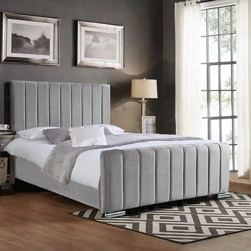 A. H Beds Panel Line Upholstered Single Bed frame with Headboard and Foot board - 3FT Single Bed - Wooden Bed Frame Single Bed - Silver Plush Velvet