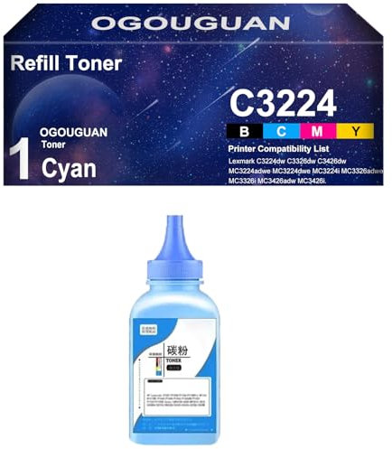 OGOUGUAN Tonerkartuschennachfüllpulver für C3210K0 C3210C0 C3210M0 C3210Y0 Nachfüll-Tonerkartusche für Lex-Mark C3224dw C3326dw C3426dw MC3224adwe (1 Cyan)