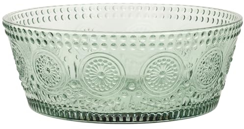 Boston International Vintage-Inspired Glass Serving Bowl with Embossed Floral Pattern for Salad Snacks Dinner, Large 7 x 2.75, Sage Green Codi