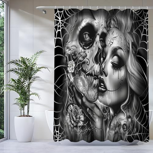 KnSam Rideau de Douche Noir, 80x200CM, Imprimé Amoureux Gothique, Rideau Douche Baignoire Œillet avec Anneaux Imperméable Polyester pour Salle de Bain Halloween, Fête