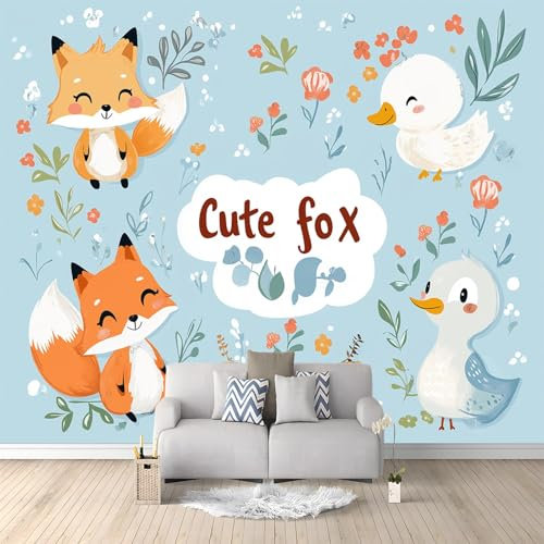 Renard De Dessin Animé Canard Fleurs Papier Peint Effet 3D Bleu Clair Photo Peintures Murales Salon Tv Canapé Thème Hôtel De Luxe Couloir Fond Mur Peinture Décor À La Maison 350x256 cm
