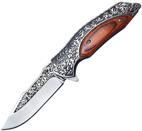 FYJSTET Klappmesser einhandmesser Holzgriff Klappmesser Klappmesser Retro-Stil Schnitzerei Muster Taschenmesser mit Clip Outdoor Survival Messer für Camping