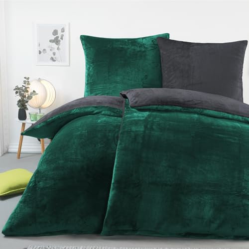 BaSaTex Winter Plüsch Bettwäsche Set 4 Teilig Nicky-Teddy Cashmere-Touch | Flauschiger Deckenbezug und Kissenbezug | Größe: 2X 135x200 cm + 2X 80x80 cm | Farbe: Anthrazit/Dunkelgrün