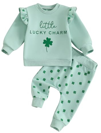 Geagodelia St Patrick's Day Spring Toddlers Baby Girl Lucky Shamrock Print Long Flying Sleeve Outfit Clothes Pullover Top Jumper Sweatshirt Pocket Trousers Set