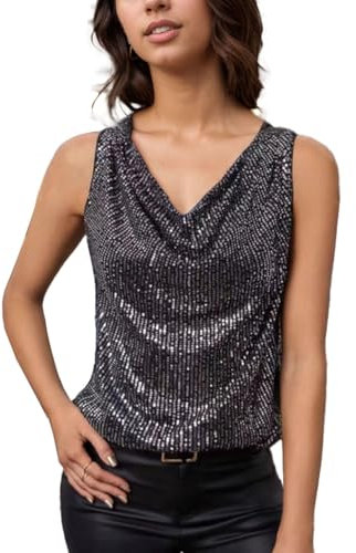 EMOTTOS Damen Pailletten Swing-Ausschnitt Oberteile, Ärmellos Sparkle V Ausschnitt Camisole Vest, Elegant Glitzer Tank Tops Slim Fit Top Sommer Party Club für Frauen, Schwarz, L