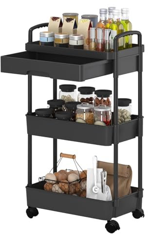 Newthinking 3 Tier Beauty Trolley with Drawer, Multifunctional Kitchen Trolley on Wheels, Plastics Storage Slide-out Cart for Kitchen Bathroom Office Living Room, Black