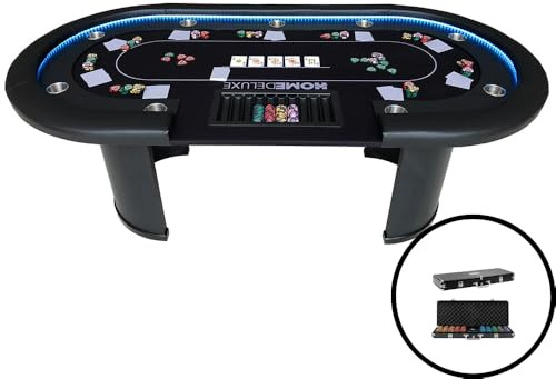 Home Deluxe - Pokertisch inkl. Pokerkoffer Casino - mit LED Beleuchtung und Getränkehalter, für bis zu 9 Personen I Spieltisch Poker Tisch