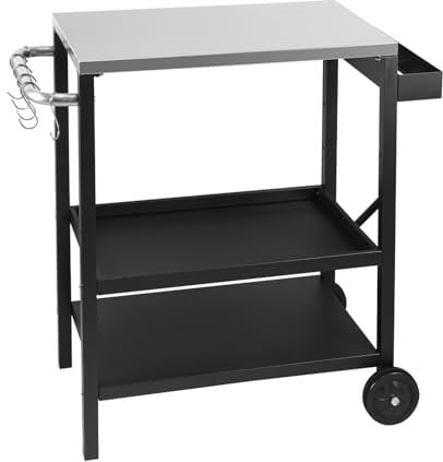 Eikuavons Grilltisch, Grillwagen, Grilltisch Outdoor, Küchenwagen mit Zwei höhenverstellbaren Ablagen mit Gewürzregal und 6X Haken, Grillwagen auf Zwei Rädern, Tischplatte aus Edelstahl, 84x67x41cm