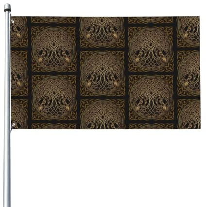 3x5ft Goldener nordischer Lebensbaum mit Odin-Raben, dekorative Flagge für den Außenbereich, einseitig, Polyester-Flagge, Metallösen, Willkommen, waschbar, wetterfest