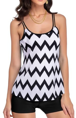 Fiohiros 2 Piece Tankini Maillot de Bain Femme, Taille Haute Gainant Ventre Plat pour Sport et Plage Maillot (FR/ES, Alpha/Lettres, Moyen, Taille Normale, Taille Normale, Noir + Blanc)