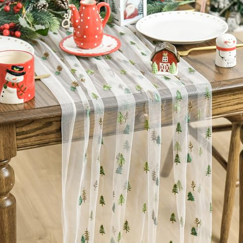 Artoid Mode - Runner da tavolo in tulle bianco con ricami a forma di alberi in garza, per Natale, 70x300 cm, decorazione per la cucina invernale, decorazione per interni, decorazione per feste e