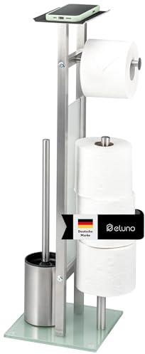eluno Stand-WC-Garnitur 4in1, freistehende Toilettengarnitur inklusive WC-Bürste, 2 Ersatzbürstenköpfe, (Ersatz-) Rollenhalter für 3 Rollen und Ablage, aus rostfreiem Edelstahl und Glas (Edelstahl)