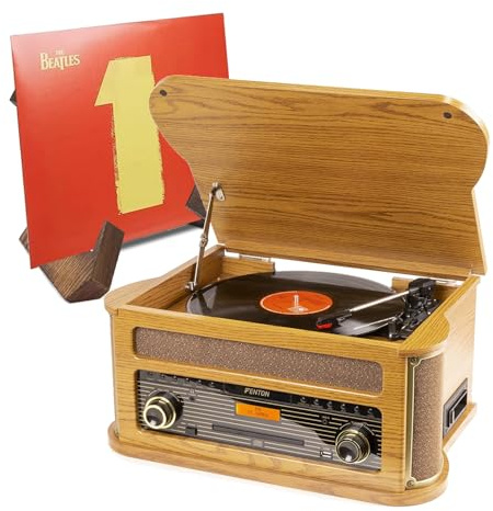 Fenton Memphis Vintage Vinyl Record Player with Built-in Speakers, CD, Cassette, DAB+ Radio and Retro Wooden Vinyl Record Display Stand – Light Wood Finish