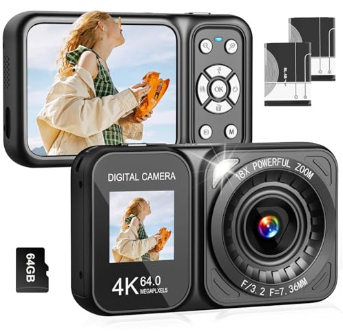 Fotocamera digitale, fotocamera 4K 64MP doppio schermo, zoom 18x, fotocamera digitale punta e scatta con scheda TF da 64 GB e 2 batterie, piccola fotocamera ricaricabile portatile per bambini