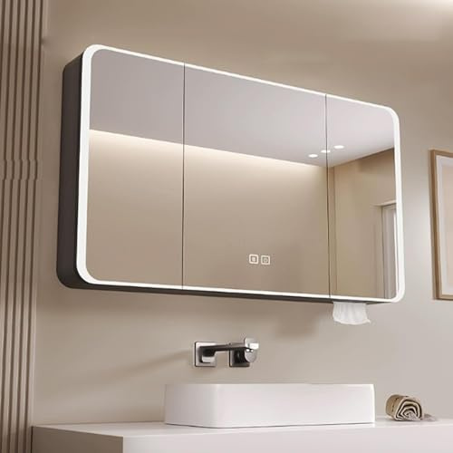 Mbbpftse Aluminum Spiegelschrank Bad mit LED Lighting, 3 Adjustable Light Colors, Badezimmer Spiegelschrank mit Defogging Function, Badspiegelschrank Touch Sensor Switch (Schwarz, 100cm/39.4in)