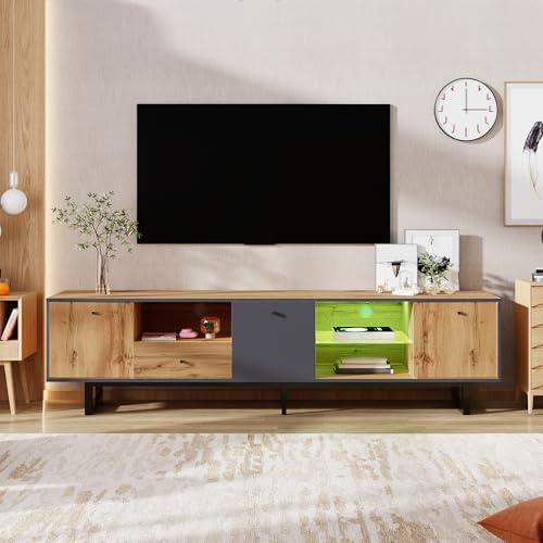 FammyLoft TV Cabinet with LED Light, TV Cabinet witn Glass Divider and Color-Coordinated Design, Lowboard with Three doors, Three Compartments and One Drawer, 190 * 40 * 50cm, Dark Gray and Natural