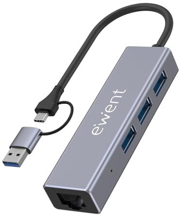 Ewent 4-in-1 USB Hub mit Dual-Anschluss USB-C/USB-A, USB 3.2 Gen 1 Adapter mit 3X USB-A Ports und Gigabit Ethernet, 5 Gbit/s + Kabelgebundenes LAN für Laptop, PC & MacBook (15 cm)