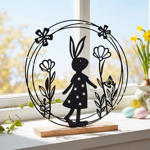 levandeo LED Deko Aufsteller Ostern Metall Schwarz Hase Blume MDF Holz Osterdeko Tischdeko Ostertisch Frühlingsdeko Dekoring